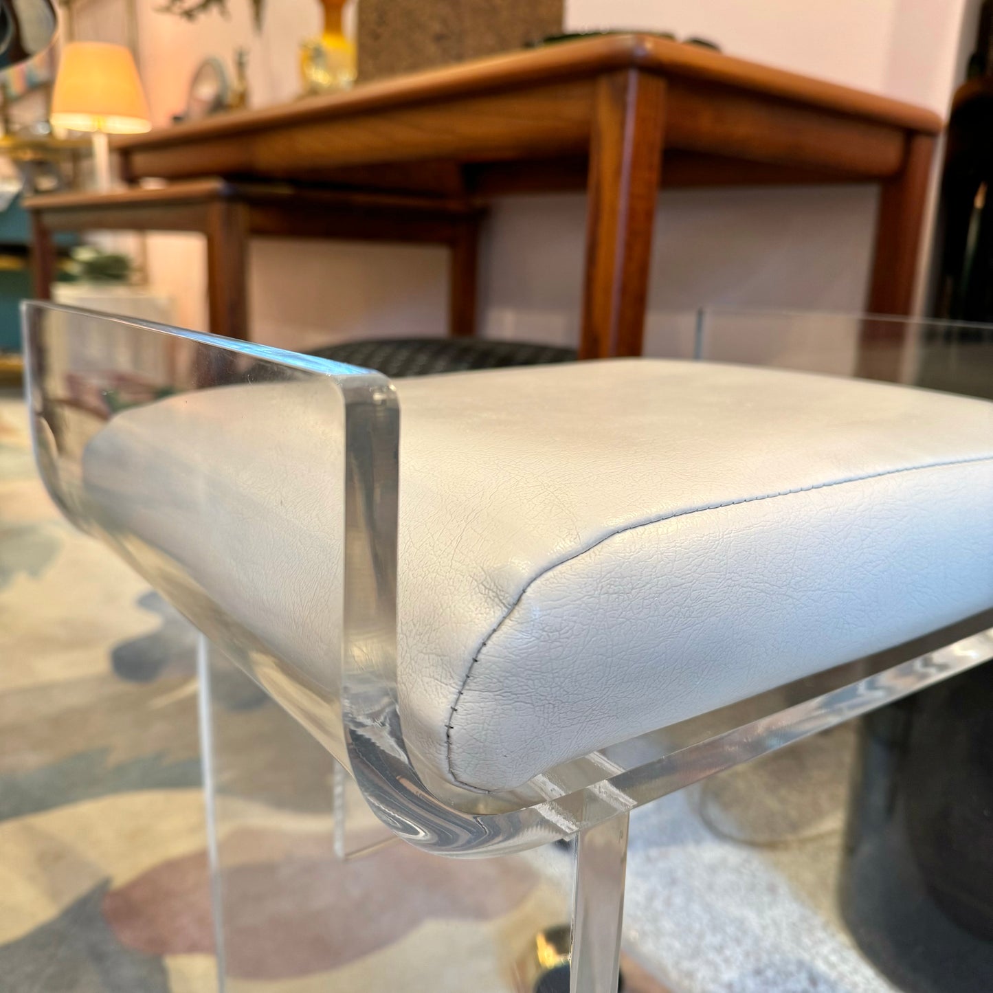 Vintage Lucite and Vinyl Bench with Wheels