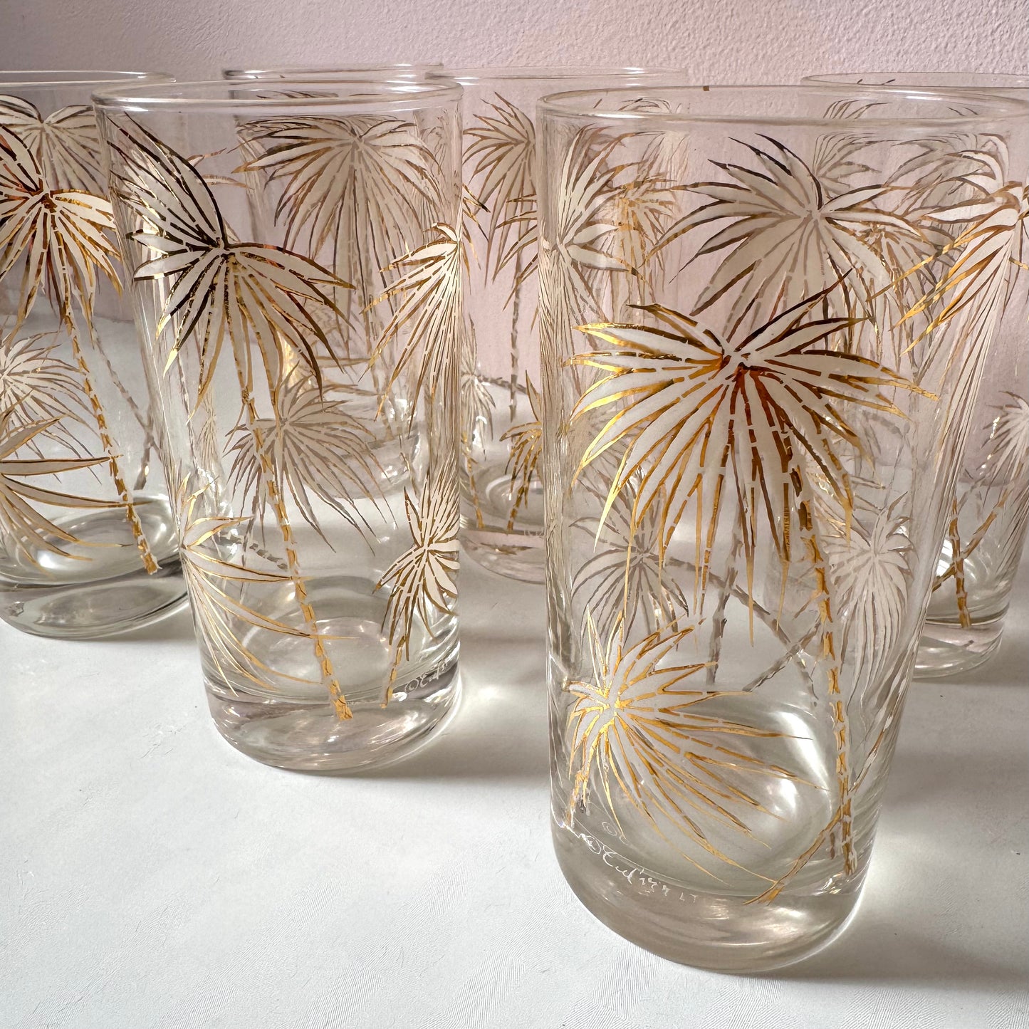 Vintage set of 6 Gold Palm Frond High Ball Glasses by Culver Ltd