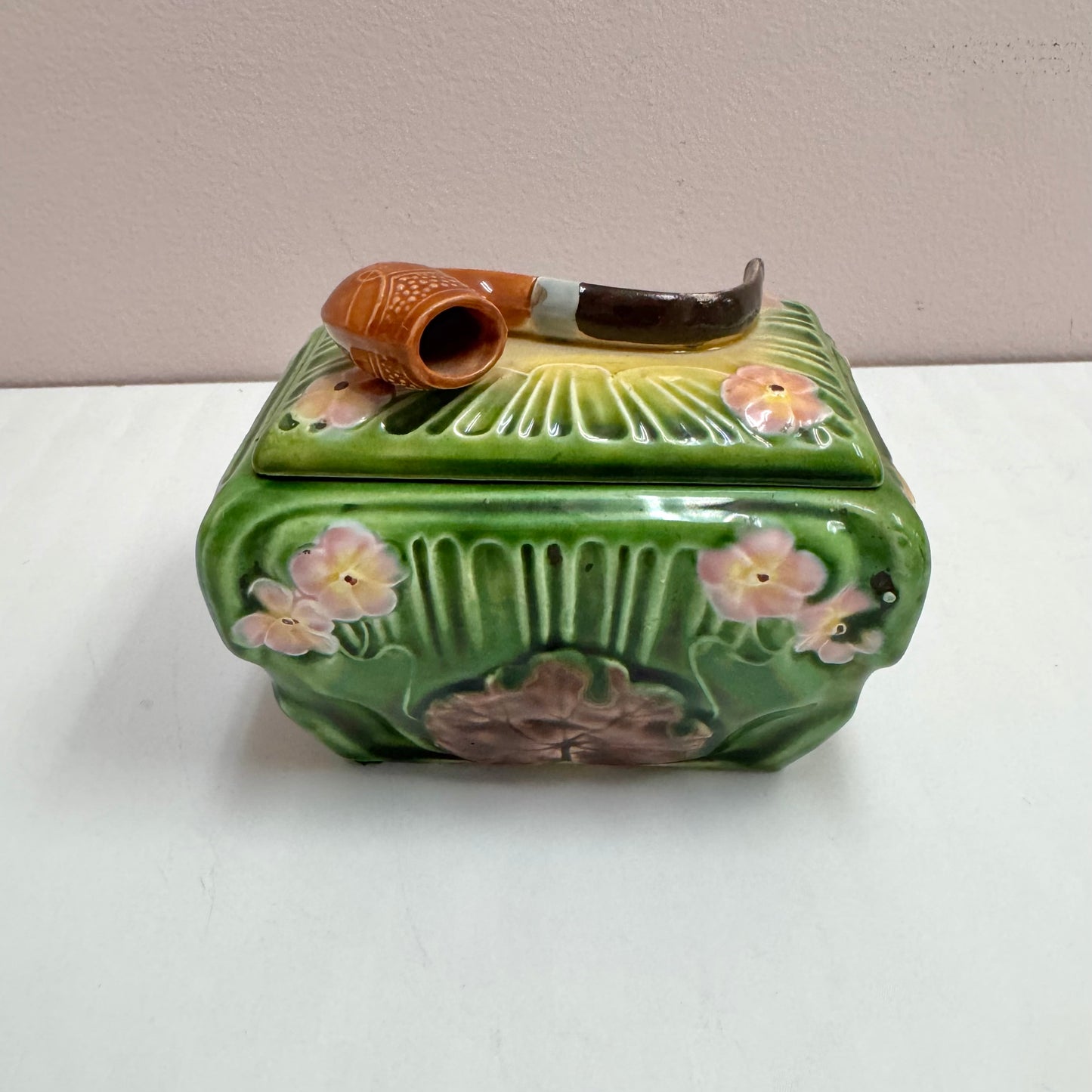 Antique Green Majolica Pipe Lidded Box