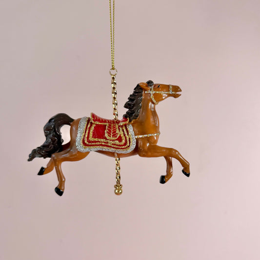 Resin Brown, Red and Silver Carousel Horse Ornament