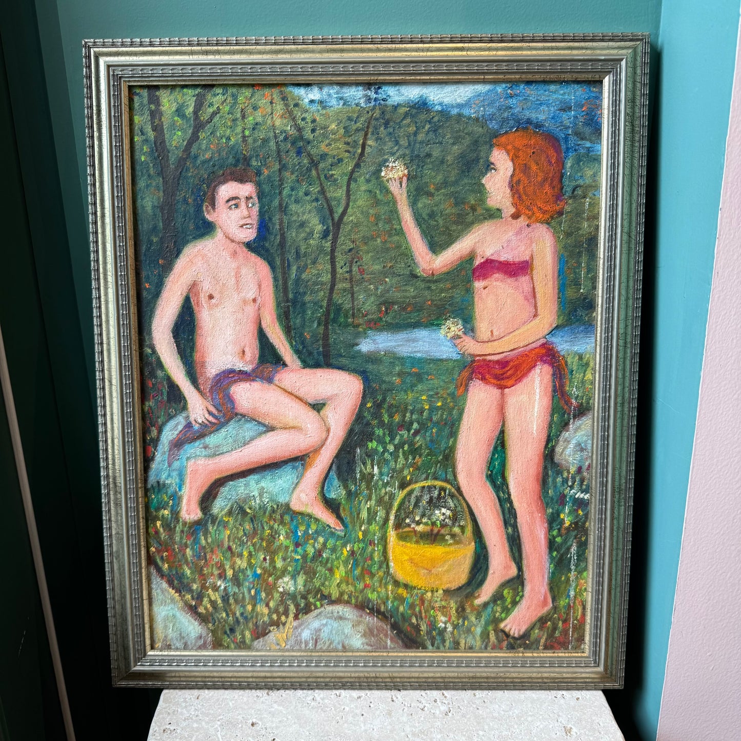 Vintage Original Framed “Couple by a Riverbank 2” Artwork