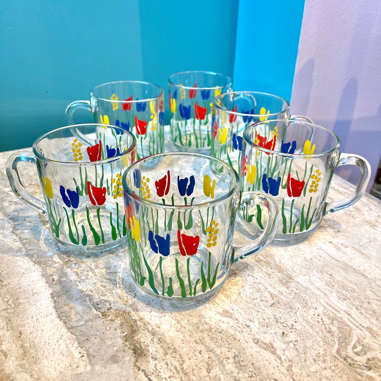 Vintage Set of 6 French Glass Tulip Mugs