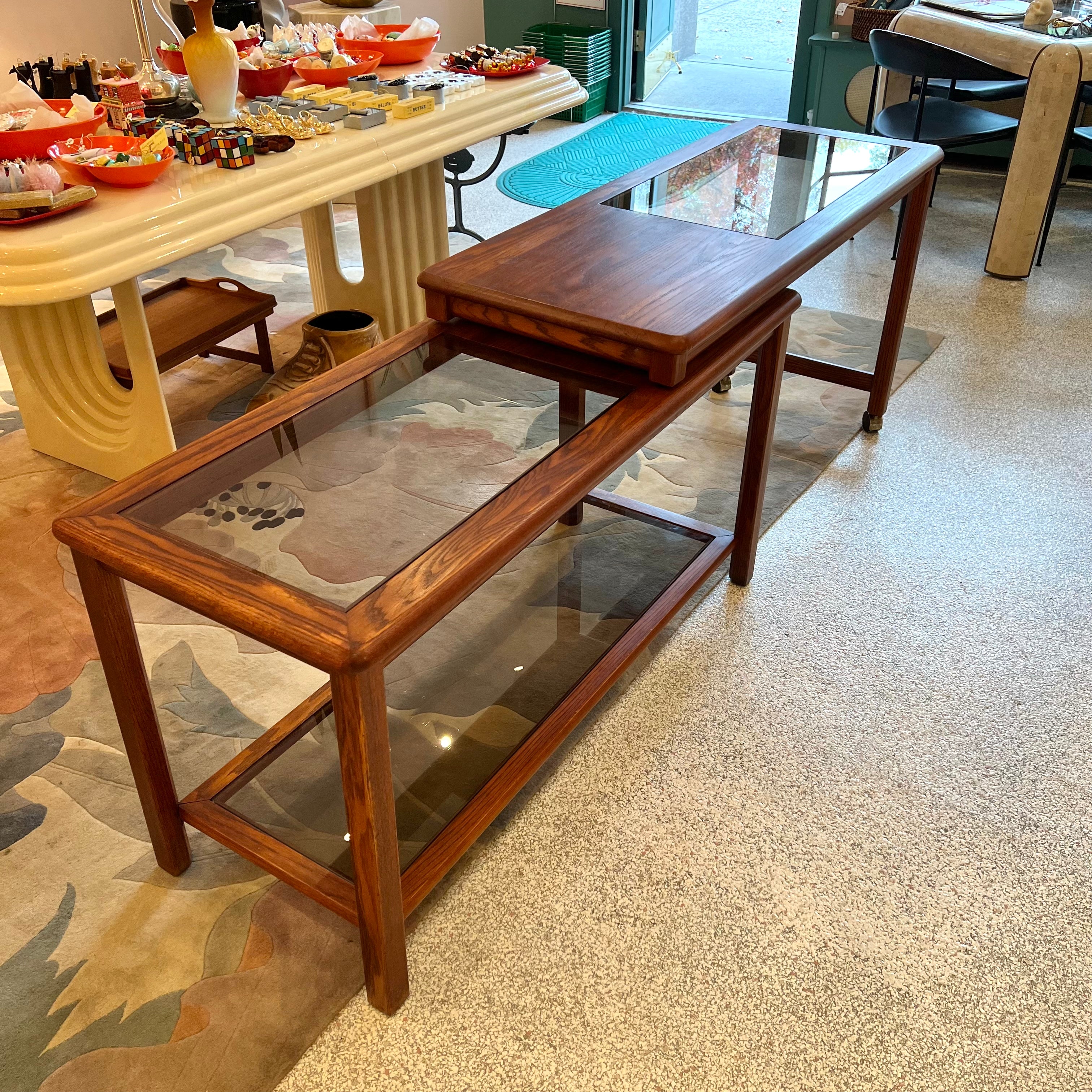 Vintage Lou Hodges Style Oak and Smoked Glass Swiveling Console Desk