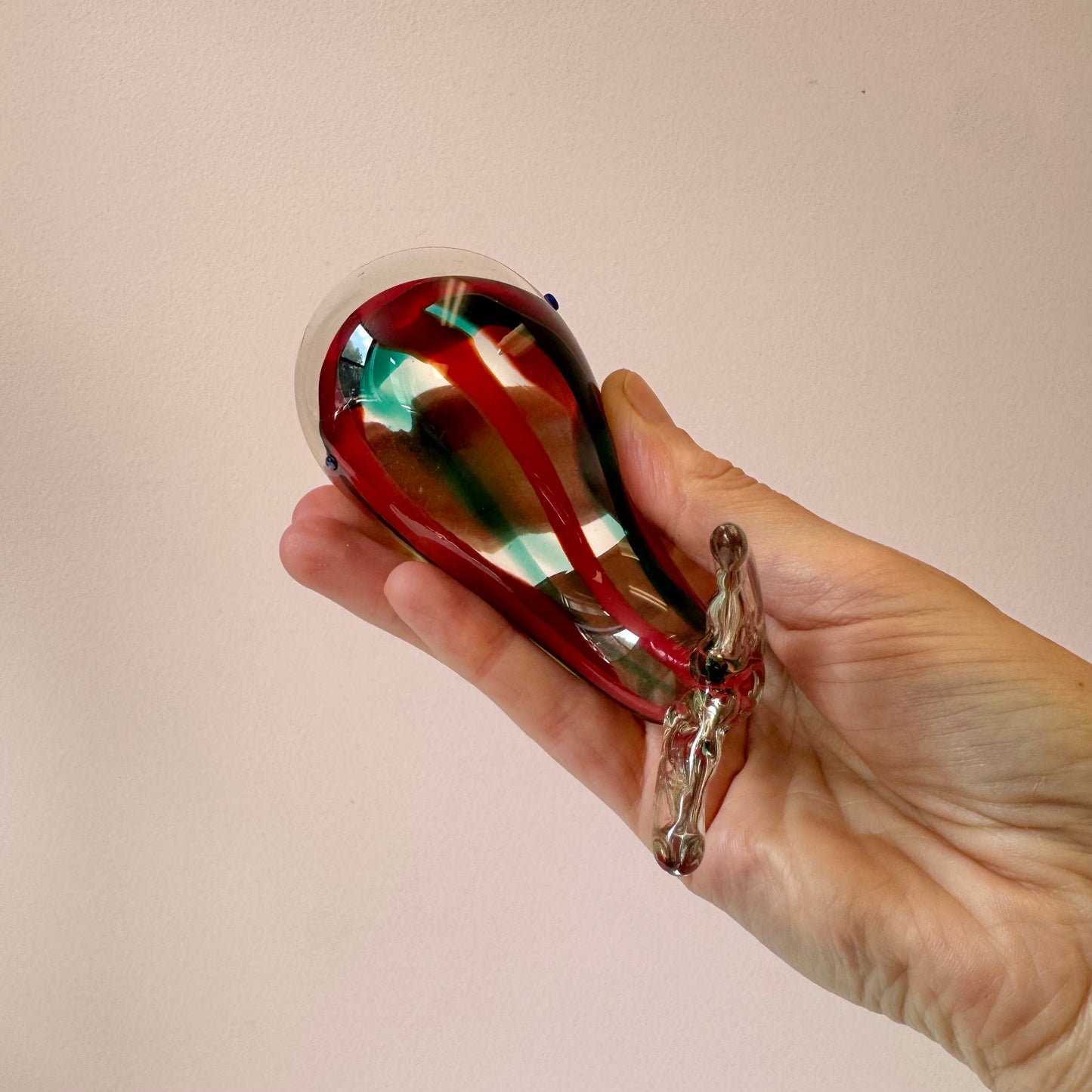 Vintage Murano Glass Style Red and Aqua Blue Whale Paperweight