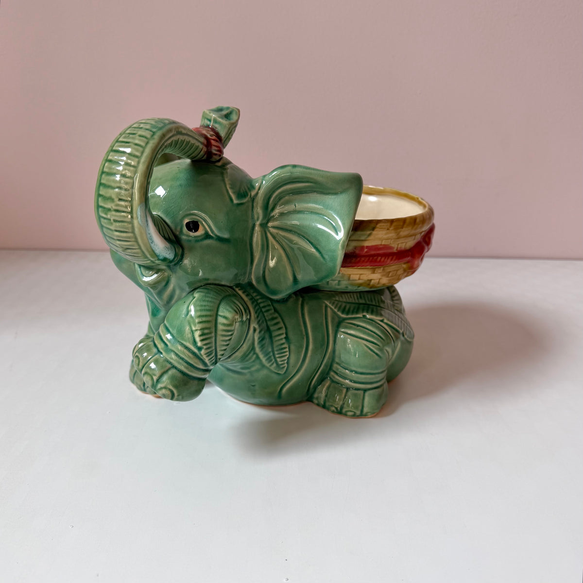 Vintage Green Ceramic Elephant Planter
