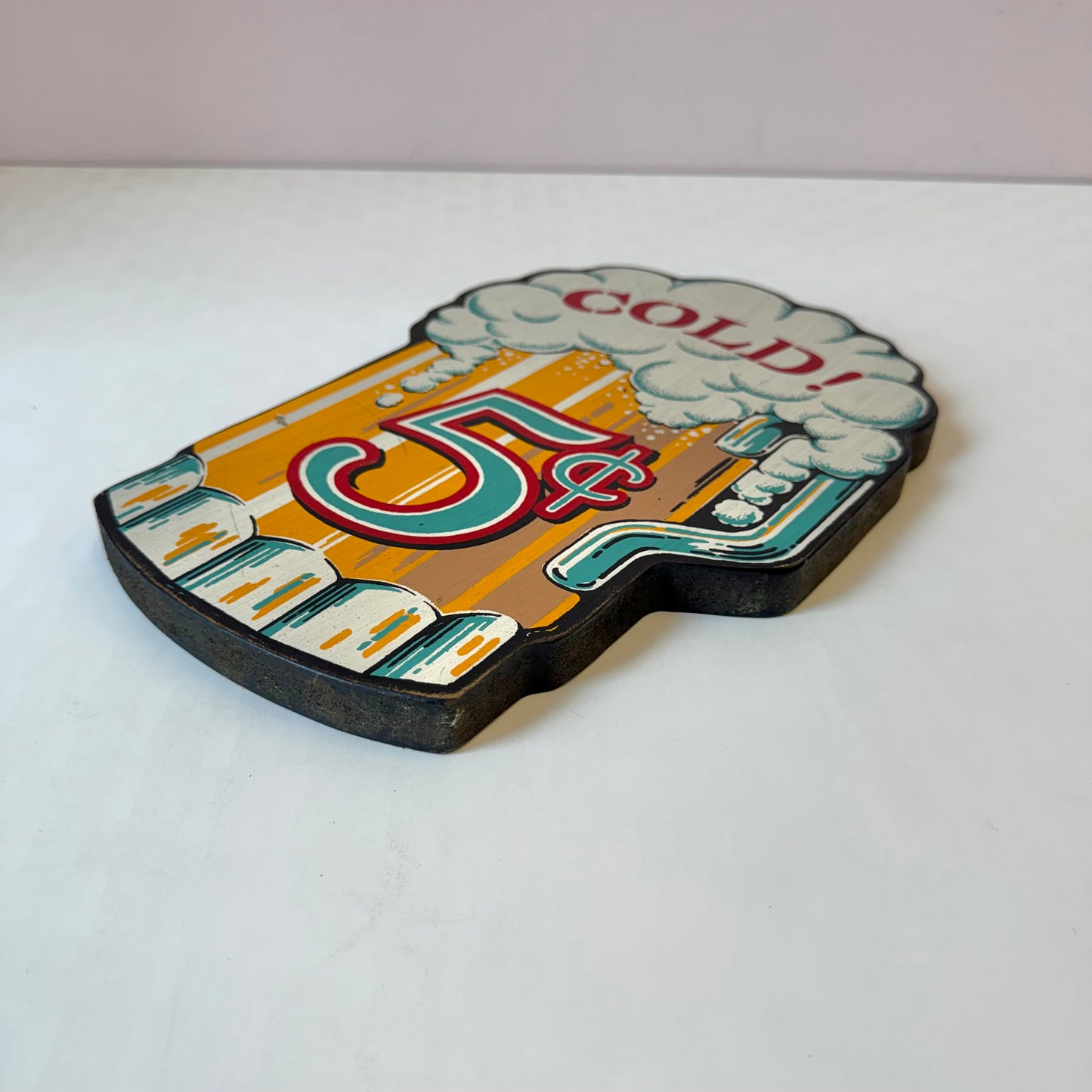 Vintage 1960's Wooden "Cold 5¢" Beer Wall Sign