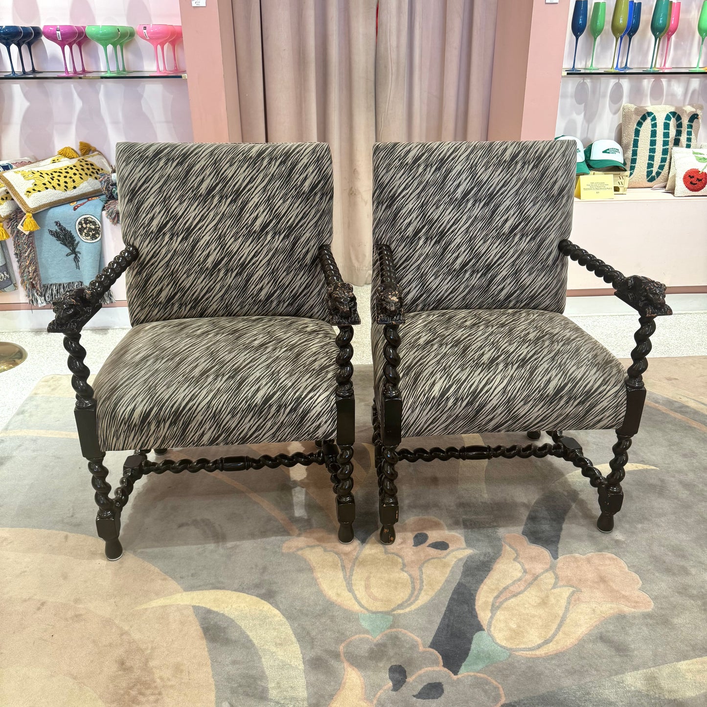 Antique Lions Head Barley Twist Suede Chair/item