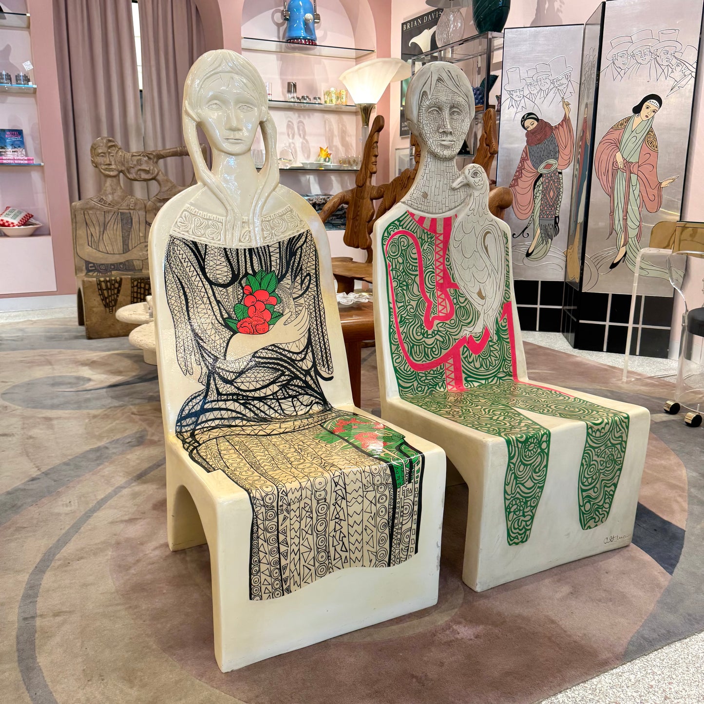 Vintage Pair of Man and Woman Fiberglass "Chairacters" by Altina Schinasi