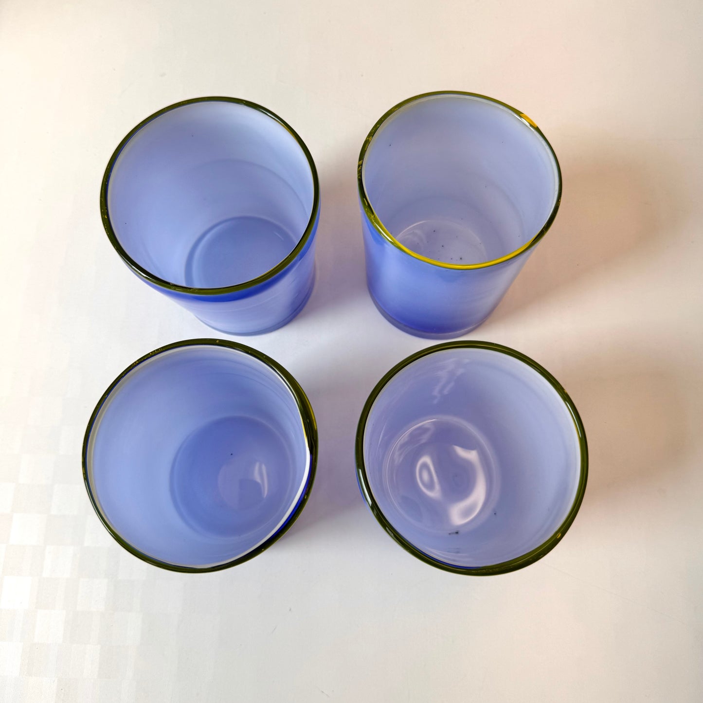 Vintage Set of 4 Handblown Periwinkle Blue and Yellow Drinking Glasses