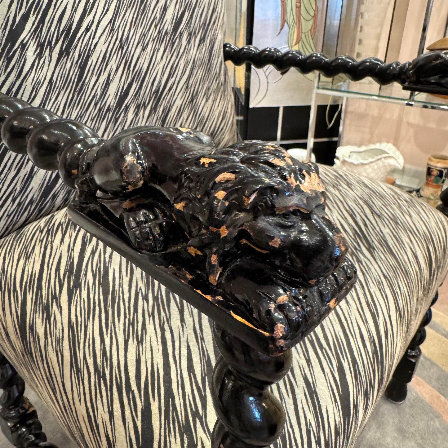 Antique Lions Head Barley Twist Suede Chair/item