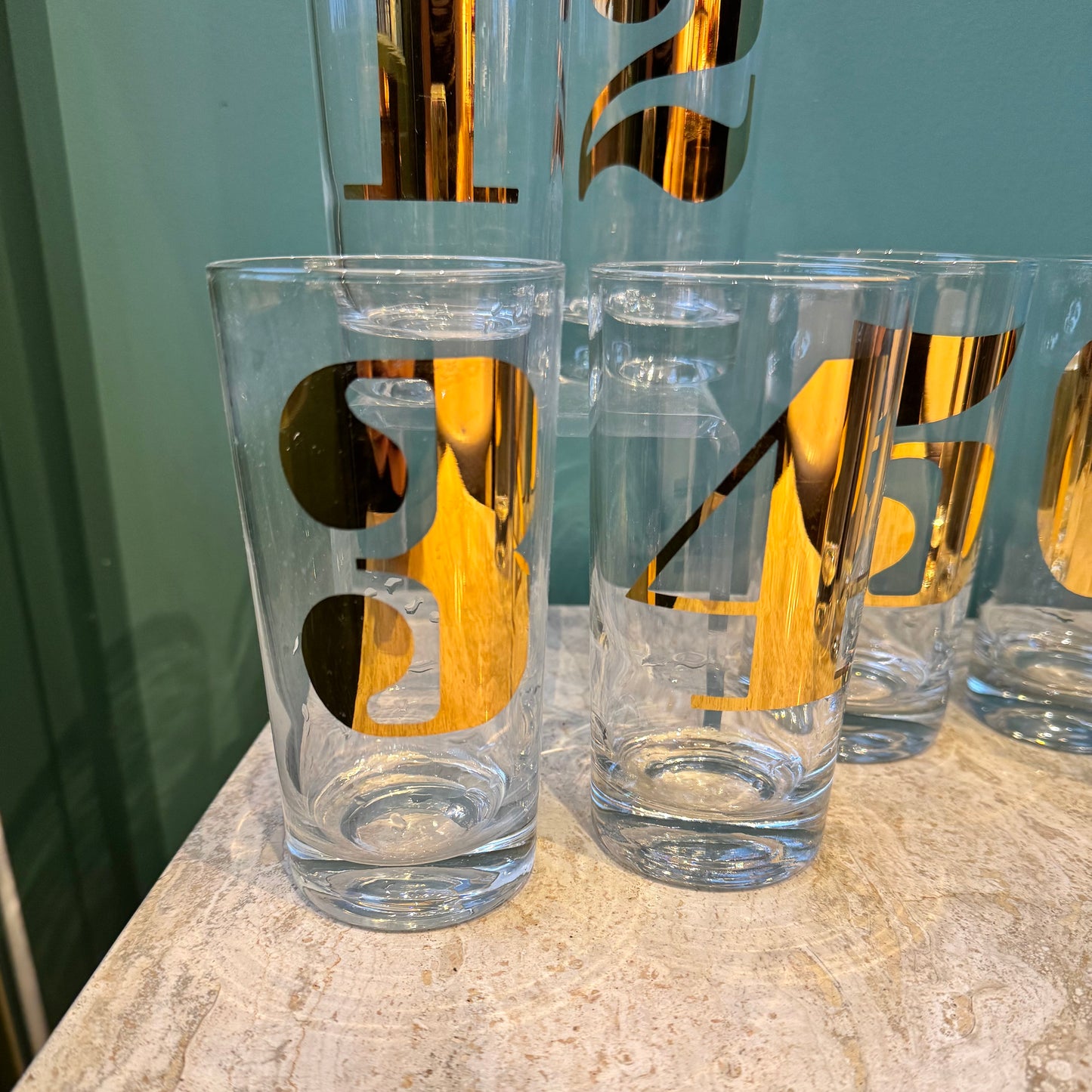 Mid Century Gold Numbered “Morgan” Highball Glasses Set 1-8