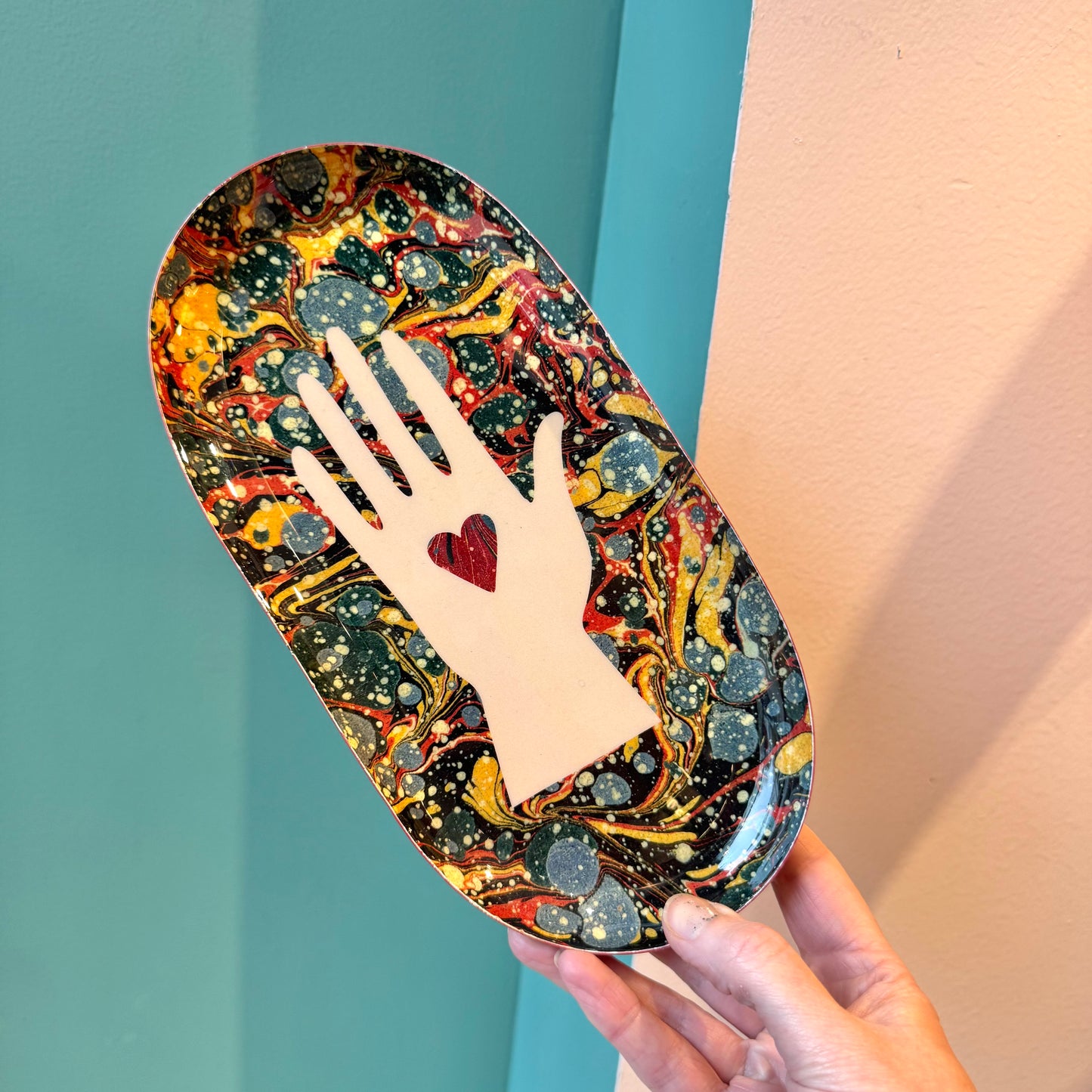Heart in Hand Oval Enamel Tray by Roomytown London