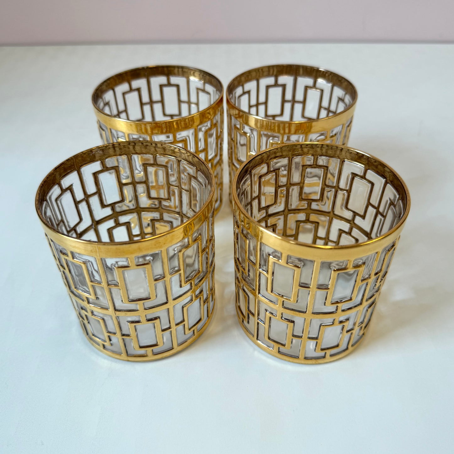 Vintage Set of 4 Imperial Glass Company Tumbler Glasses in the Gold Shoji Pattern