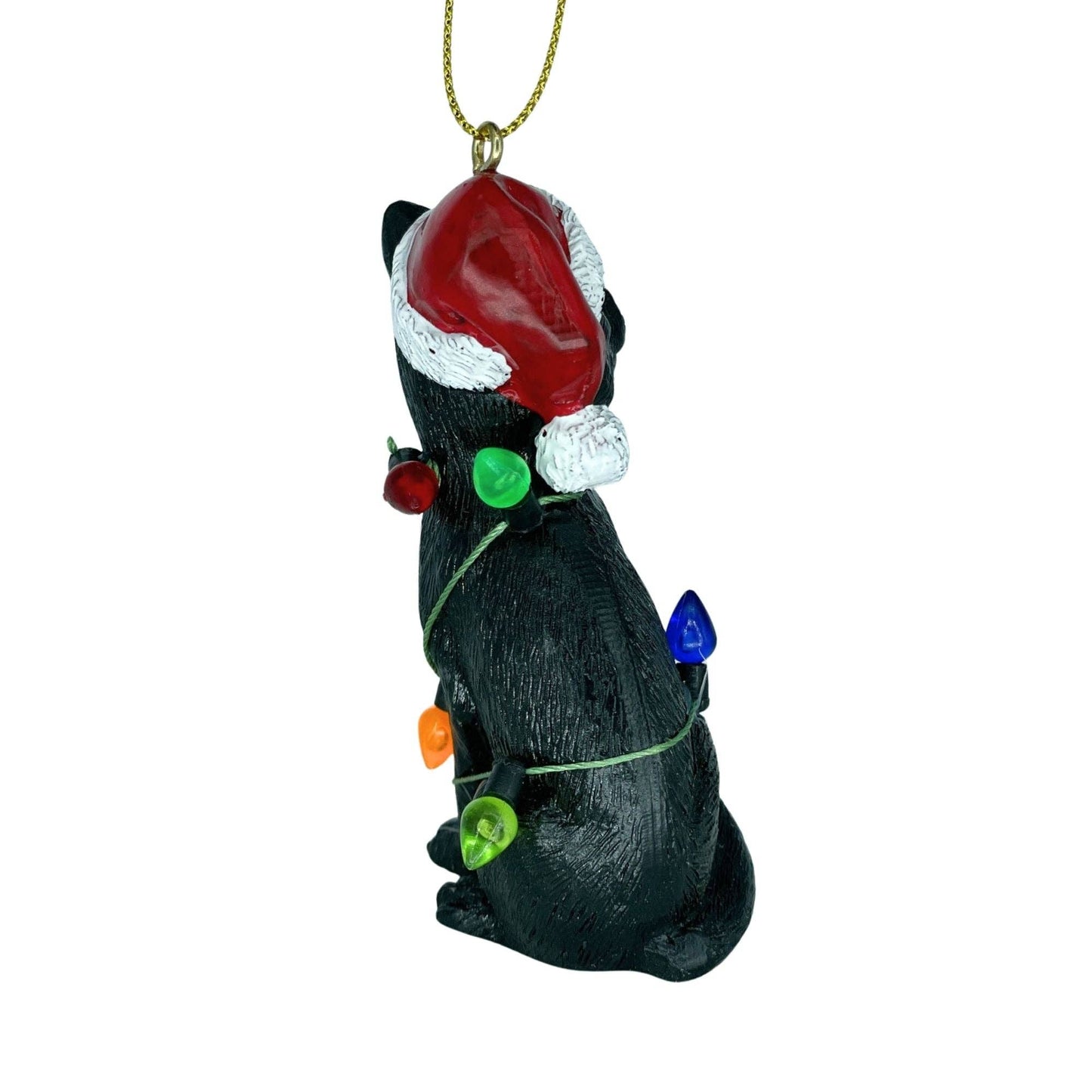 Black Cat with Santa Hat Wrapped in Lights