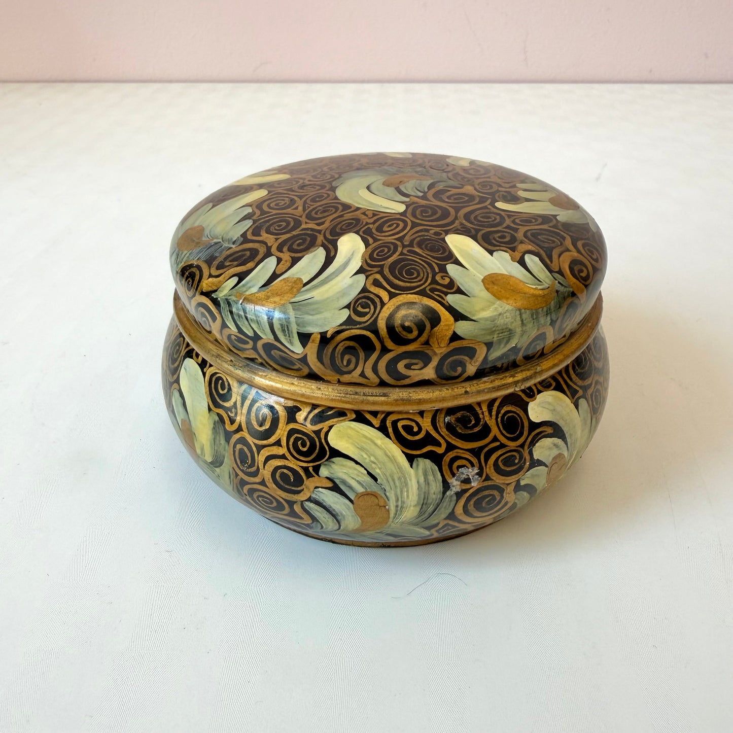 Vintage Hand Painted Lacquer Gold Swirl Floral Trinket Box