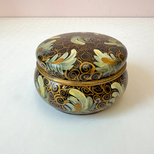 Vintage Hand Painted Lacquer Gold Swirl Floral Trinket Box