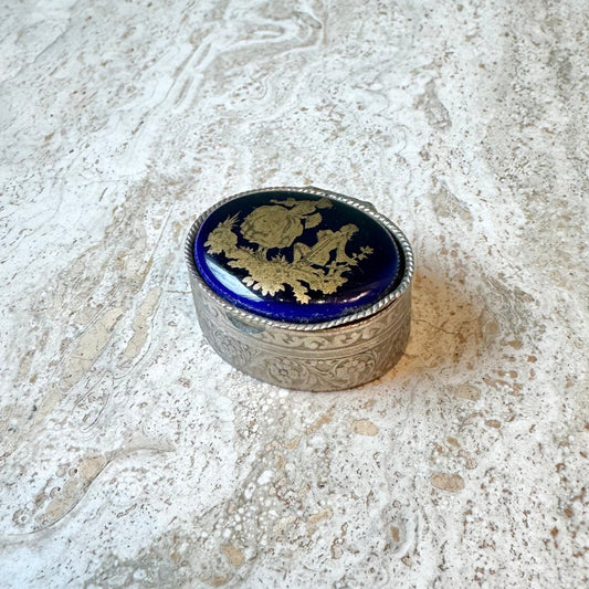 Vintage Oval Cobalt Blue Victorian Couple Pill Box
