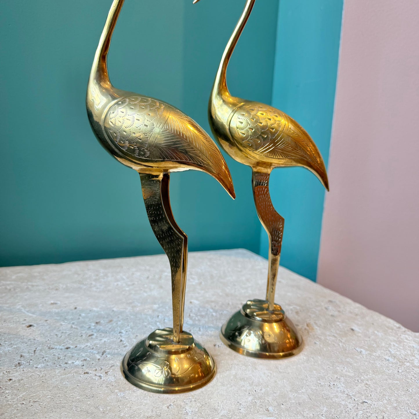 Vintage Pair of Brass Etched Cranes