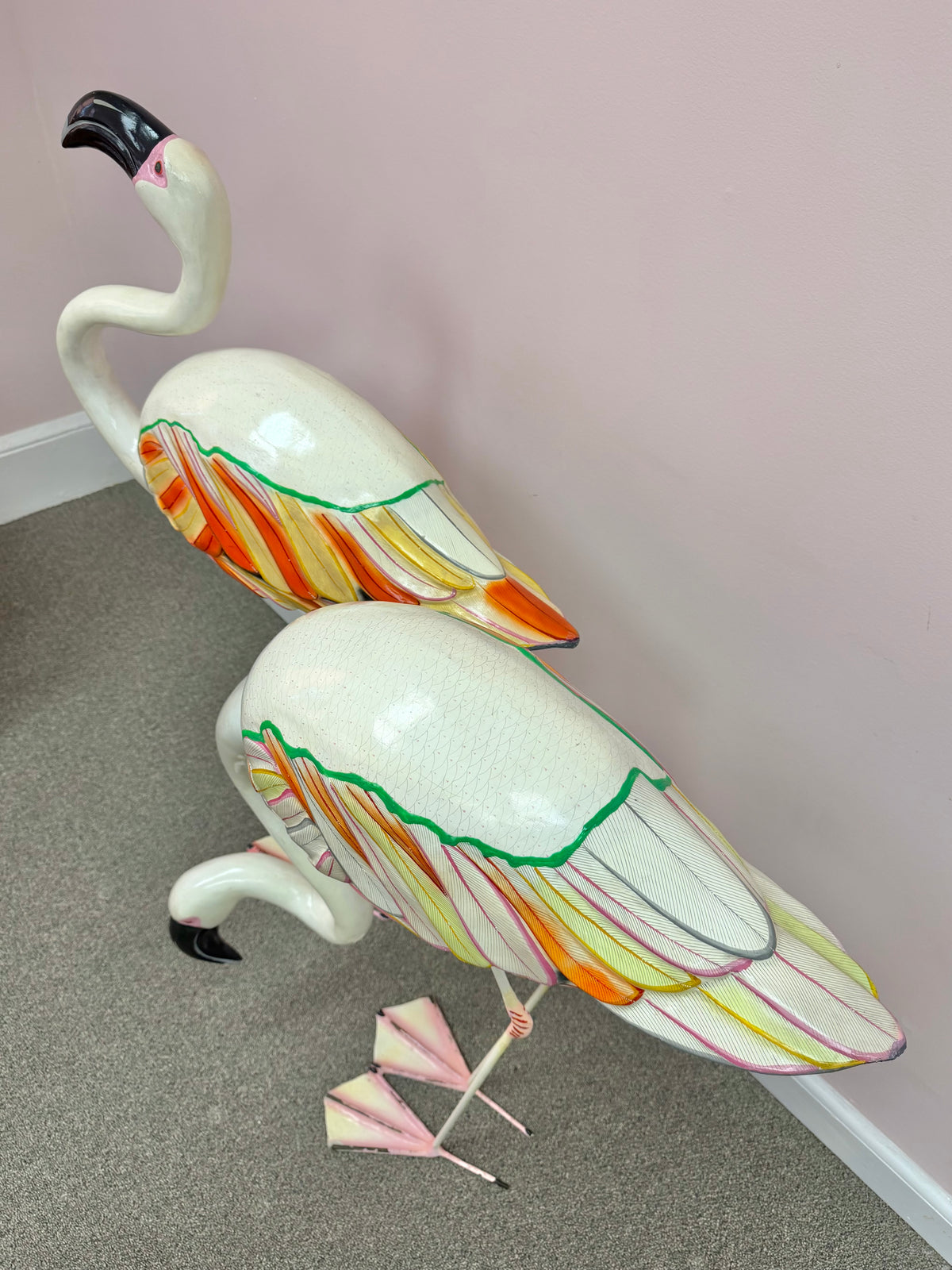 Pair of Extra Large Vintage Mexican Papier- Mache Flamingo Statues