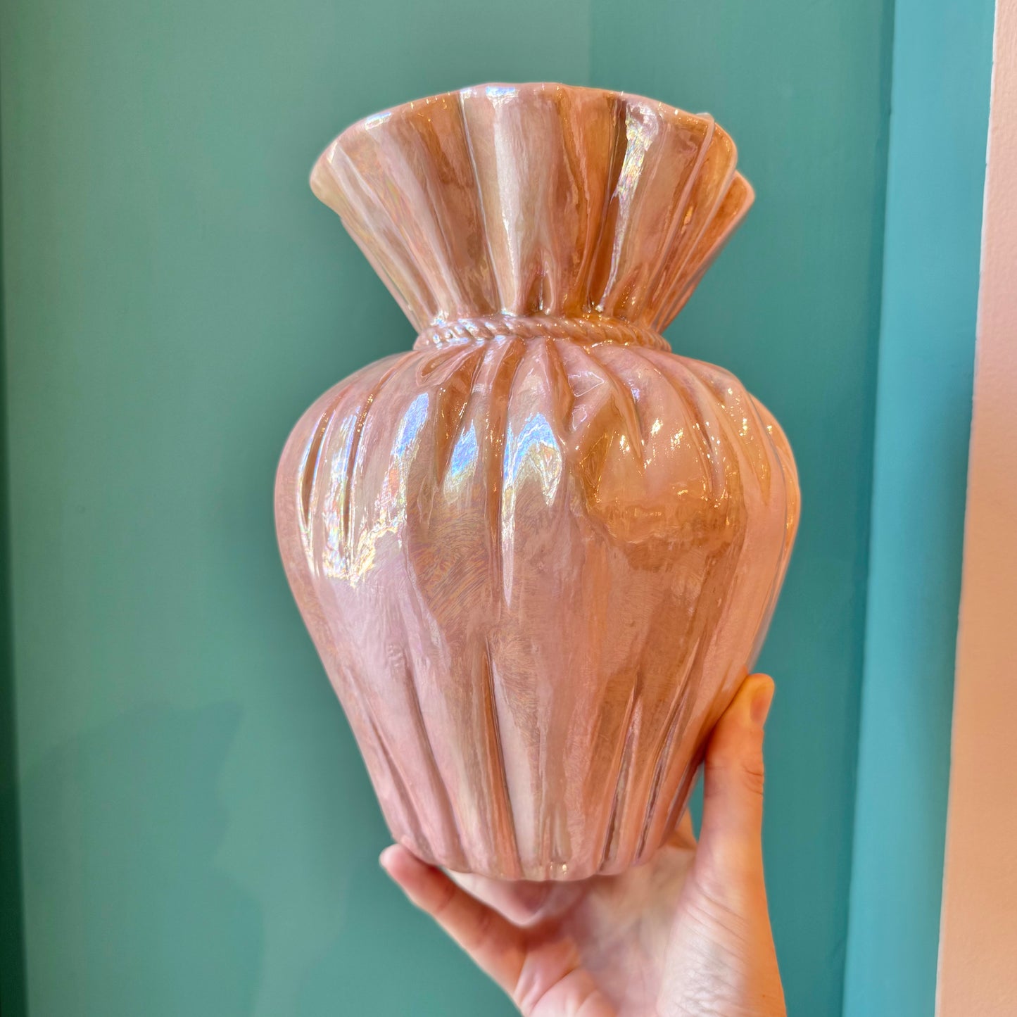 Vintage Opalescent Pink Ceramic "Paper Bag" Vase