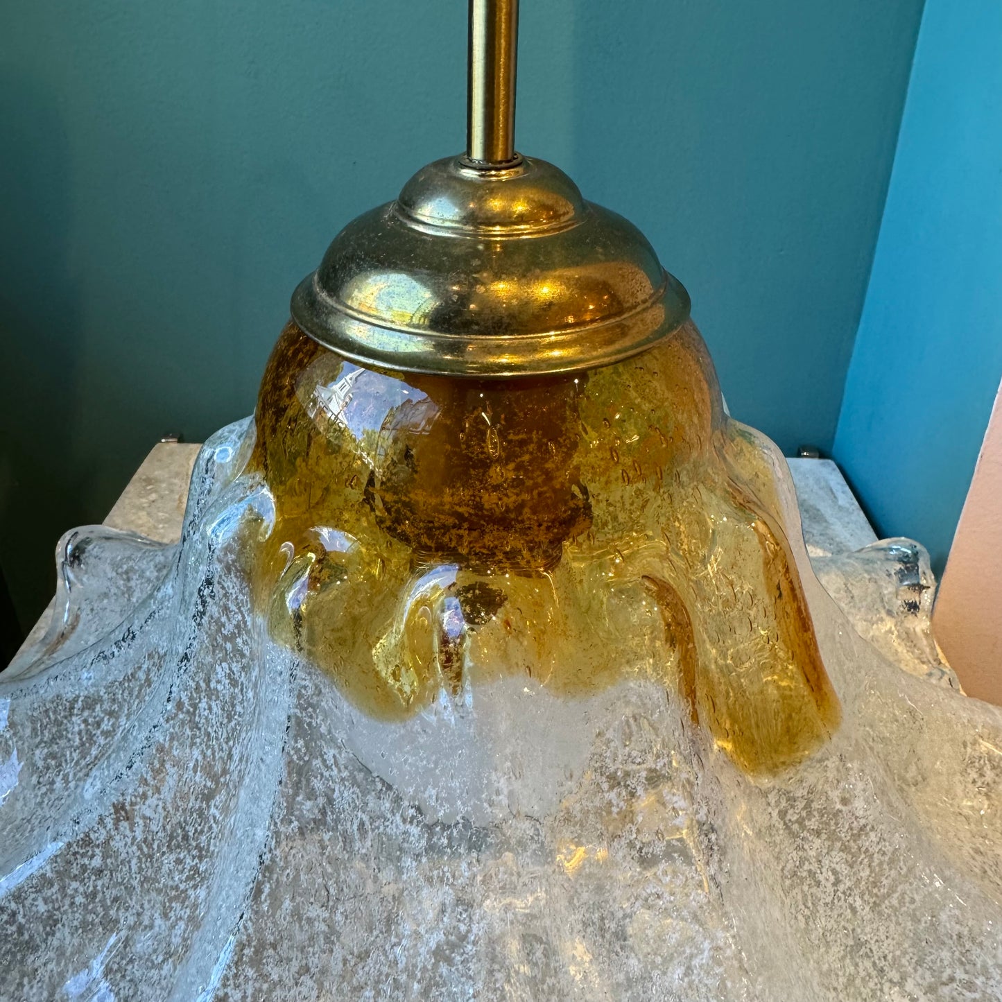 Vintage Two Tone Mazzega Style Glass Pendant Light Fixture