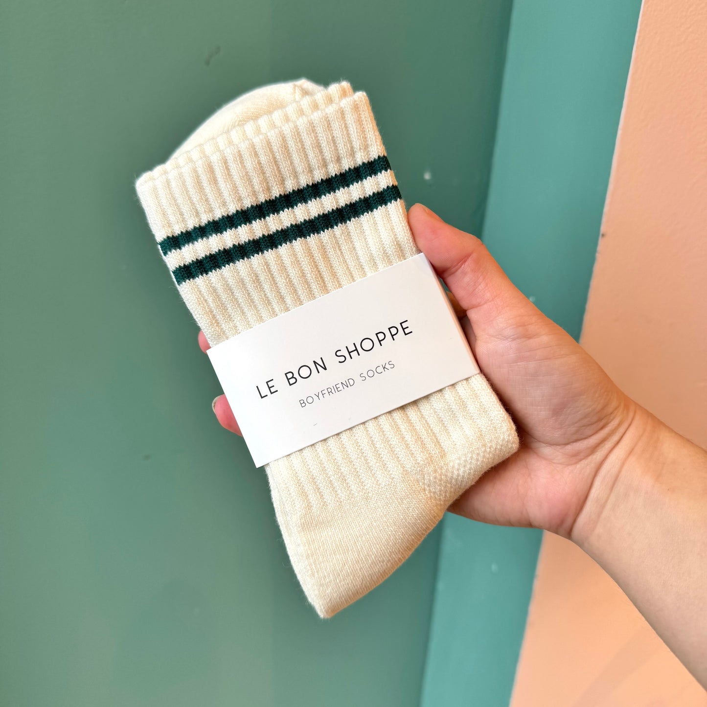 White with Green Stripe Boyfriend Socks by Le Bon Shoppe