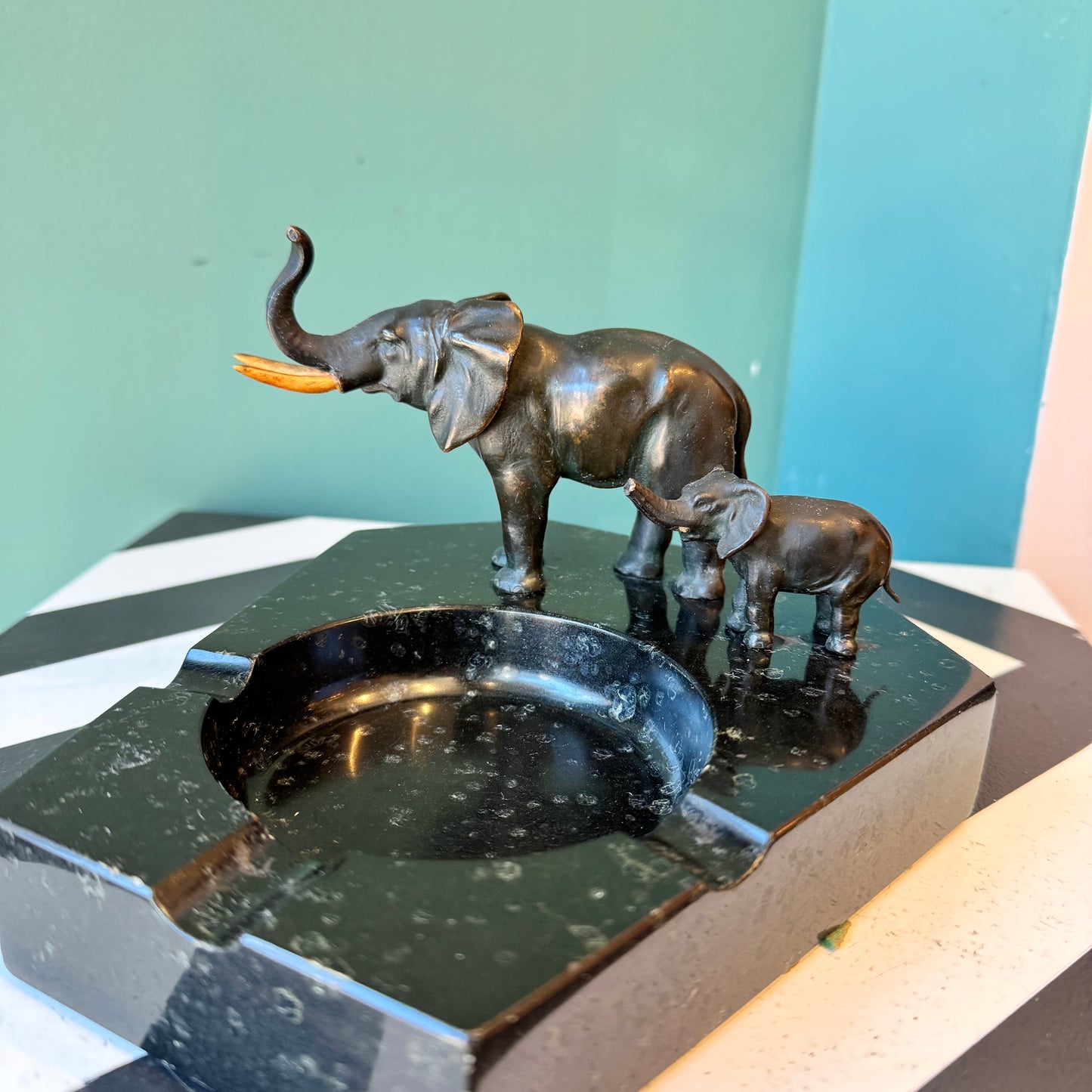 Vintage Black Marble Elephant Ashtray