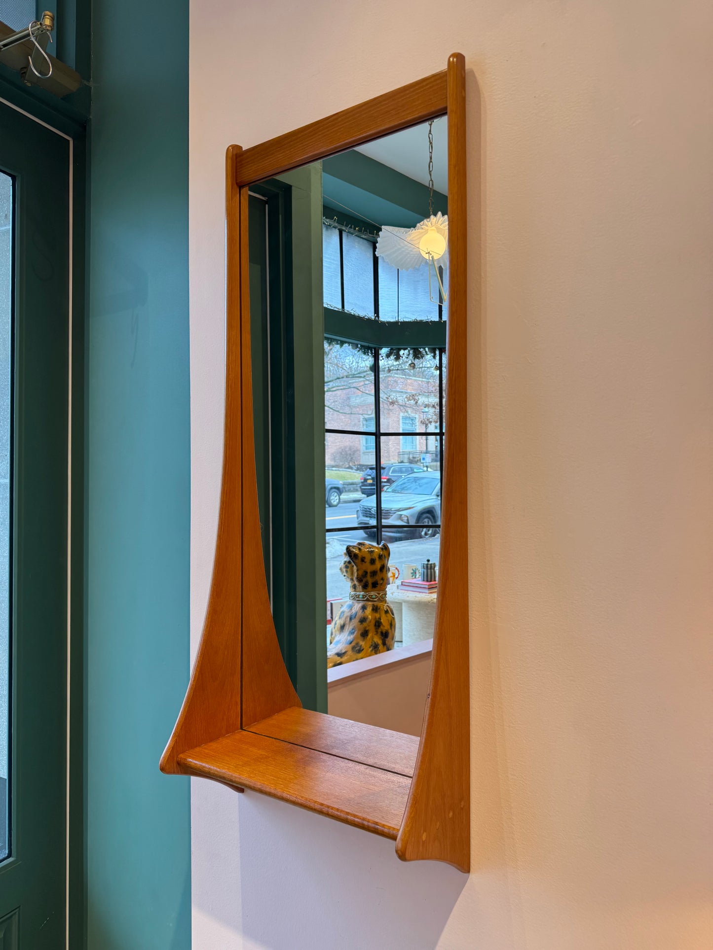 Mid Century Danish Teak Curved Wall Mirror with Shelf by Pedersen and Hansen