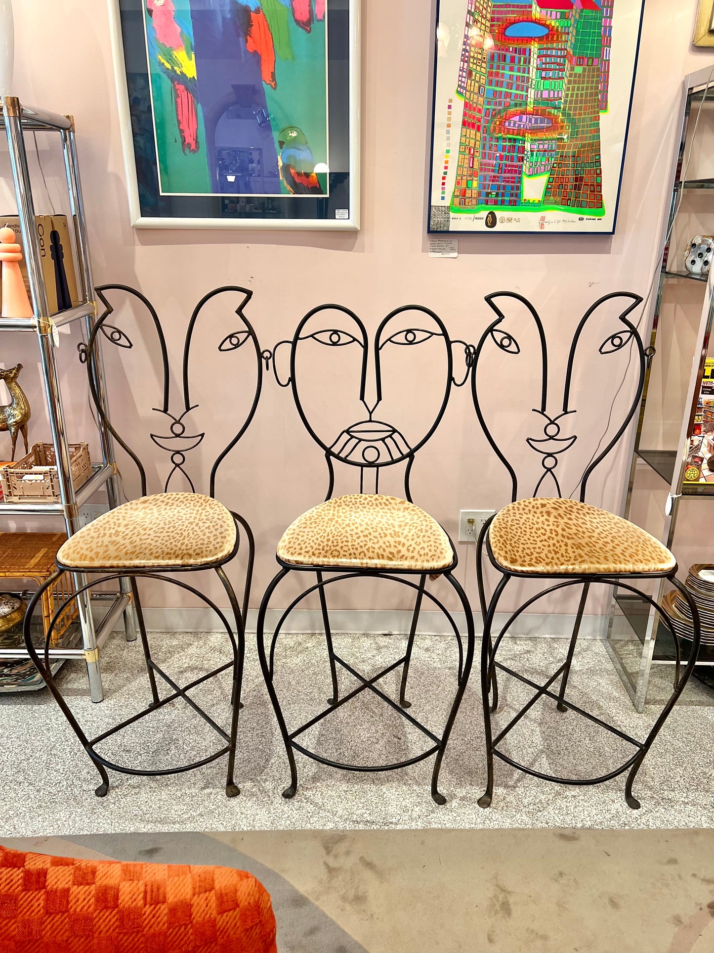Vintage Set of 3 John Risley Style Figurative Face Bar Chairs
