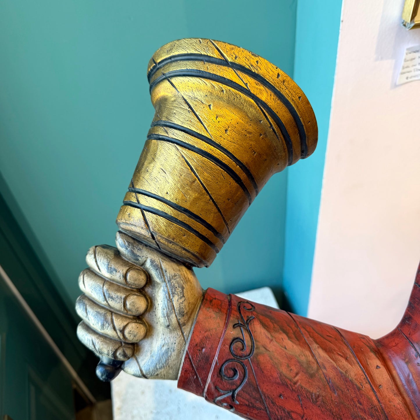 Vintage Wooden "Arm Ringing A Bell" Wall Hanging
