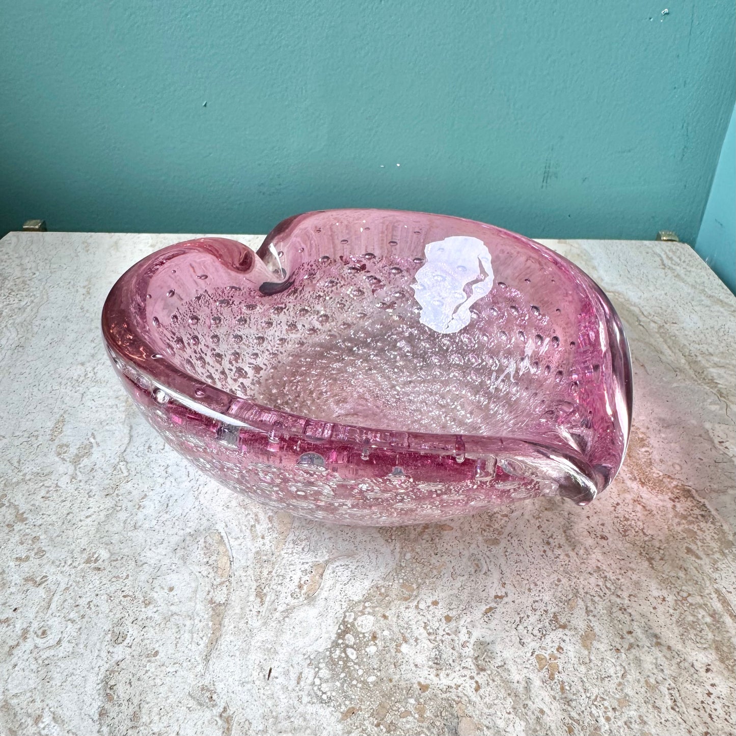 Vintage Signed Pink and Silver Leaf Murano Glass Bowl