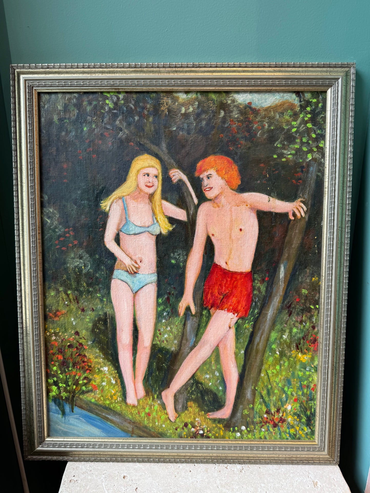 Vintage Original Framed “Couple by a Riverbank 1” Artwork