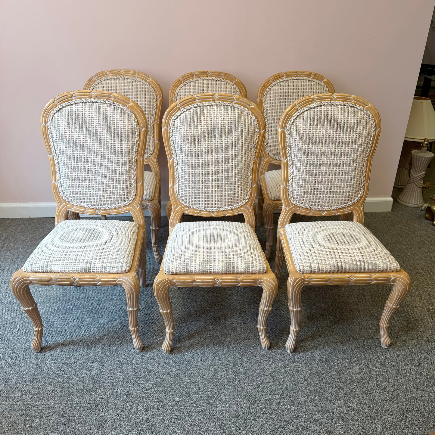 Vintage Regency Serge Roche Style Faux Bois Dining Chairs - Set of 6