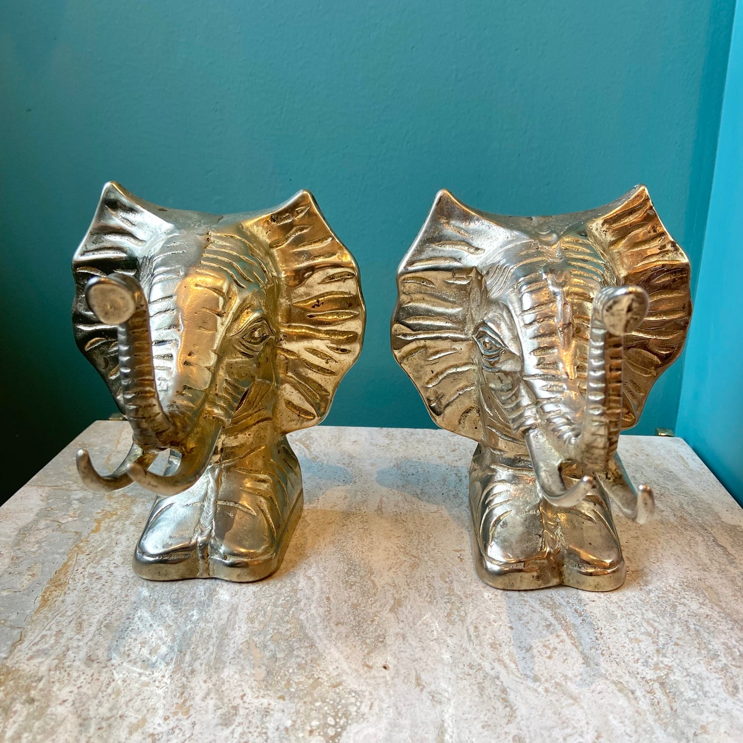 Pair of Solid Brass Elephant Head Bookends