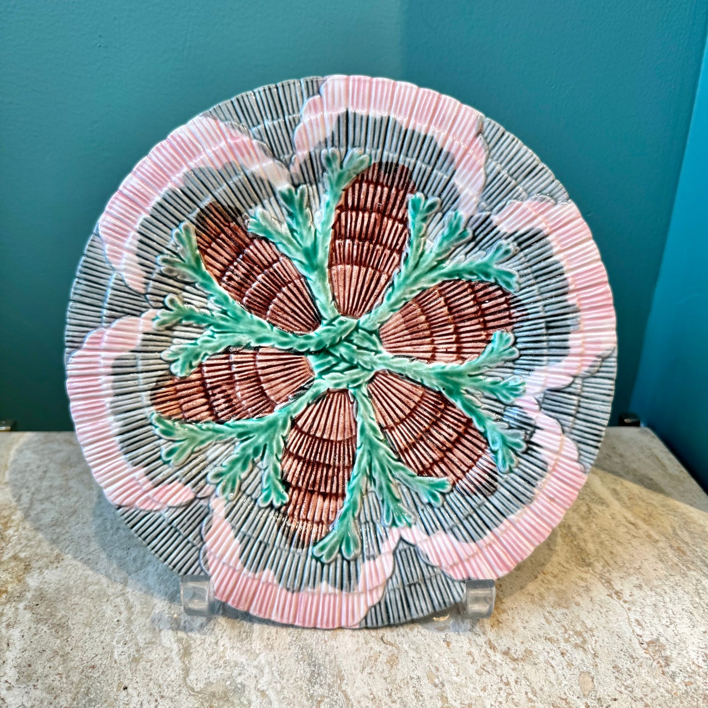 Antique Set of 4 Majolica Shell & Seaweed Appetizer Plates