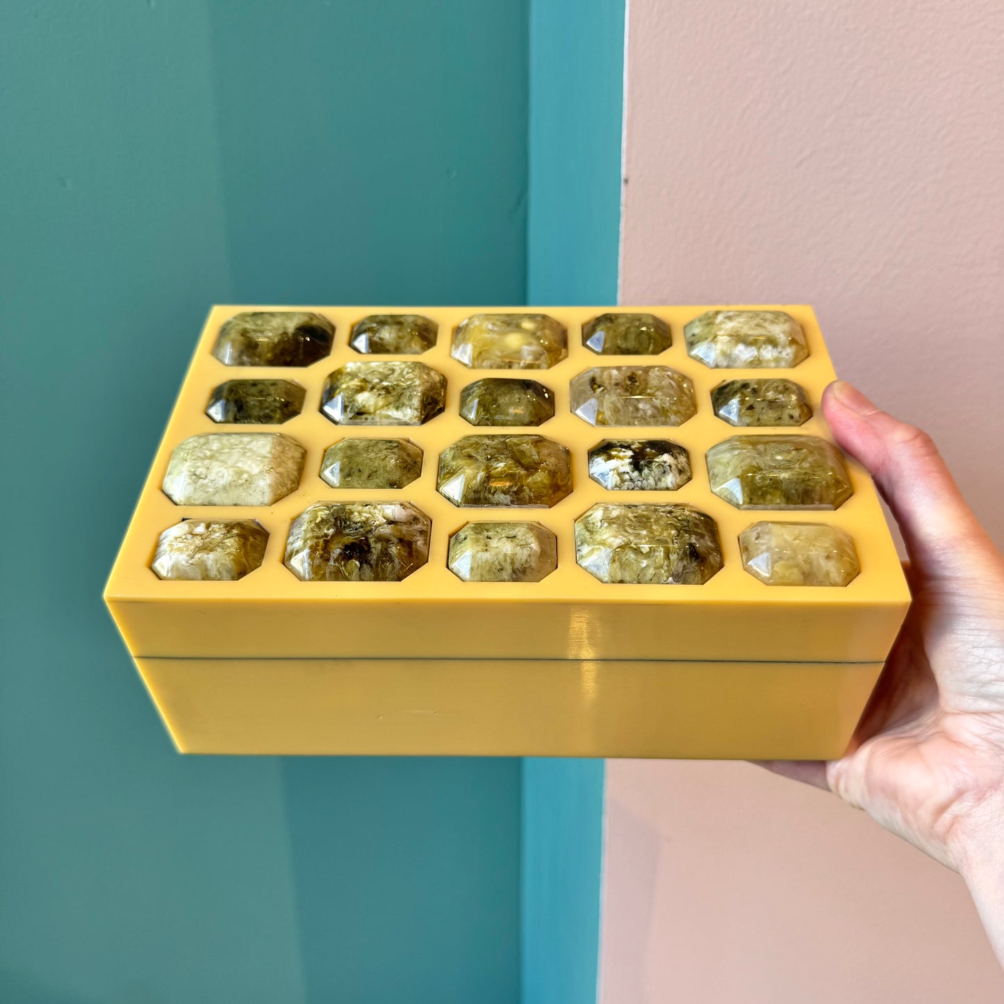 Gold Toned Resin Box with Decorative Gem Lid
