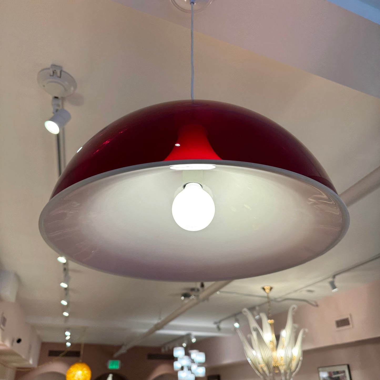 Vintage Red and White Space Age Dome Pendant Light