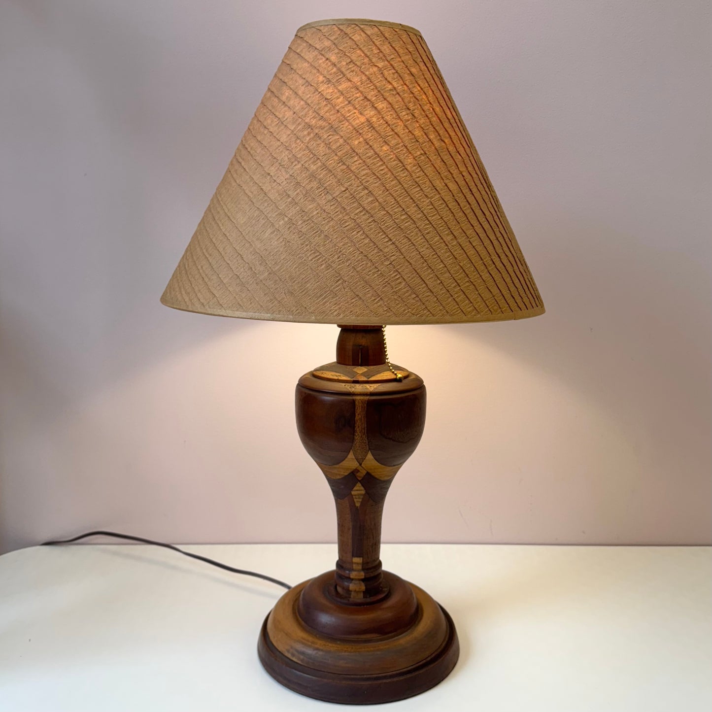 Mid Century Turned Mixed Wood Lamp W/Shade