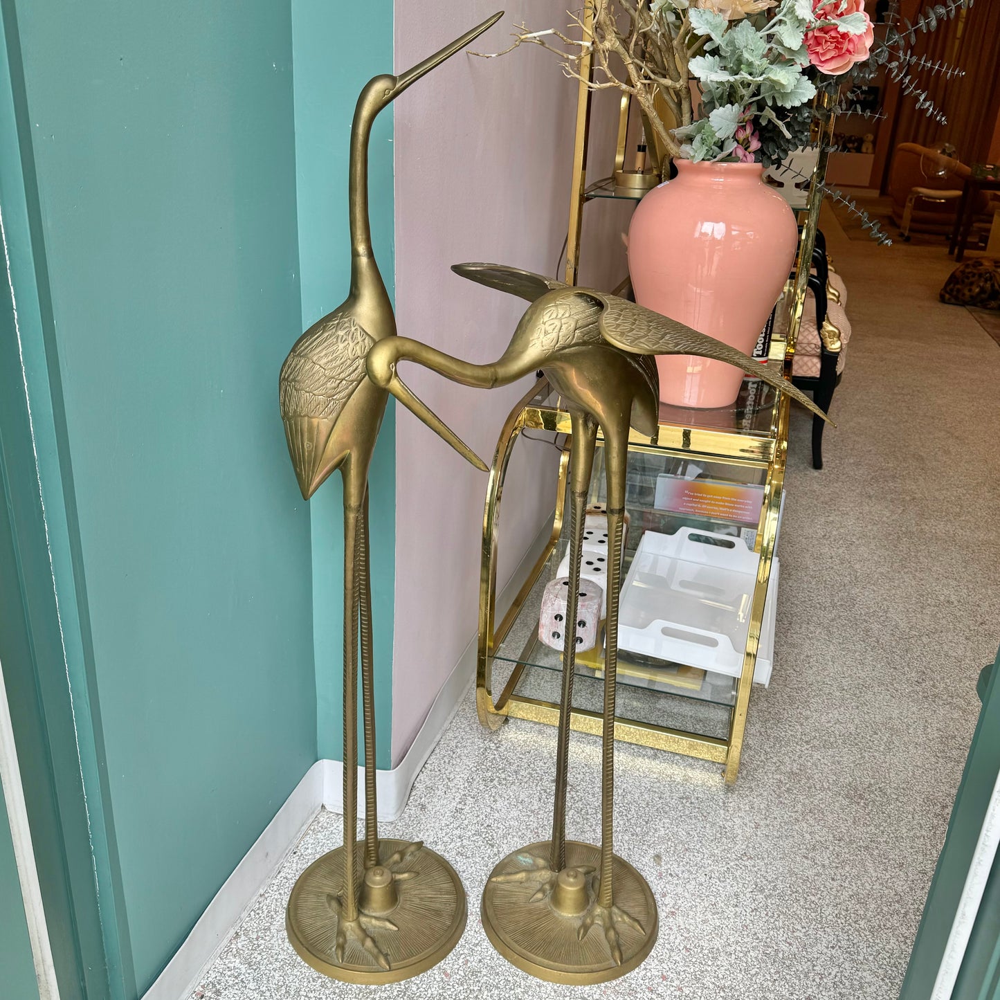 Pair of Extra Large Vintage Brass Crane Birds