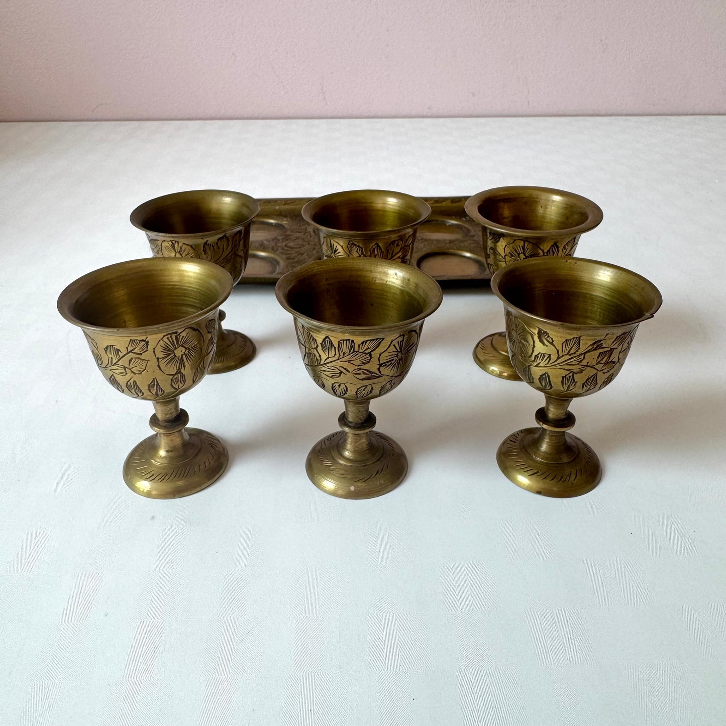Vintage Set of 6 Brass Cups with Tray