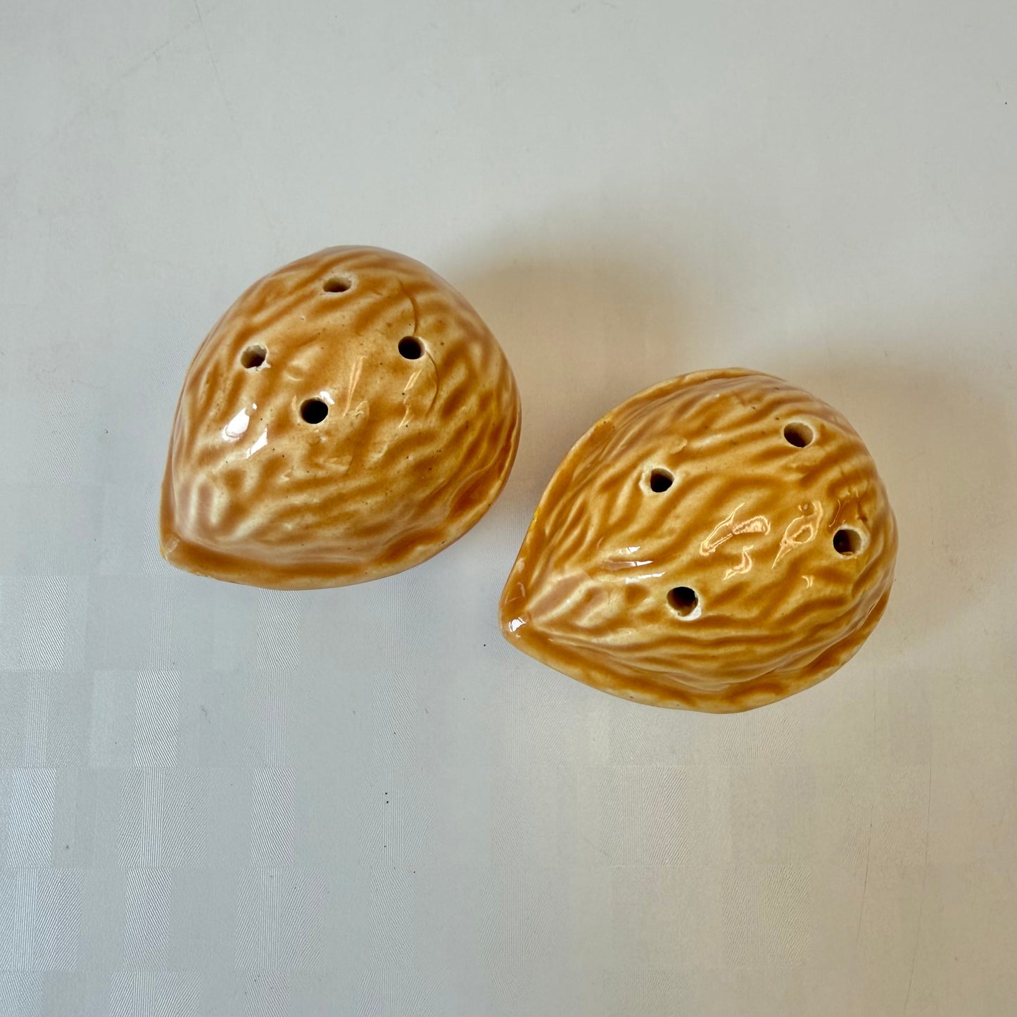 Pair of Vintage Ceramic Walnut Salt and Pepper Shakers