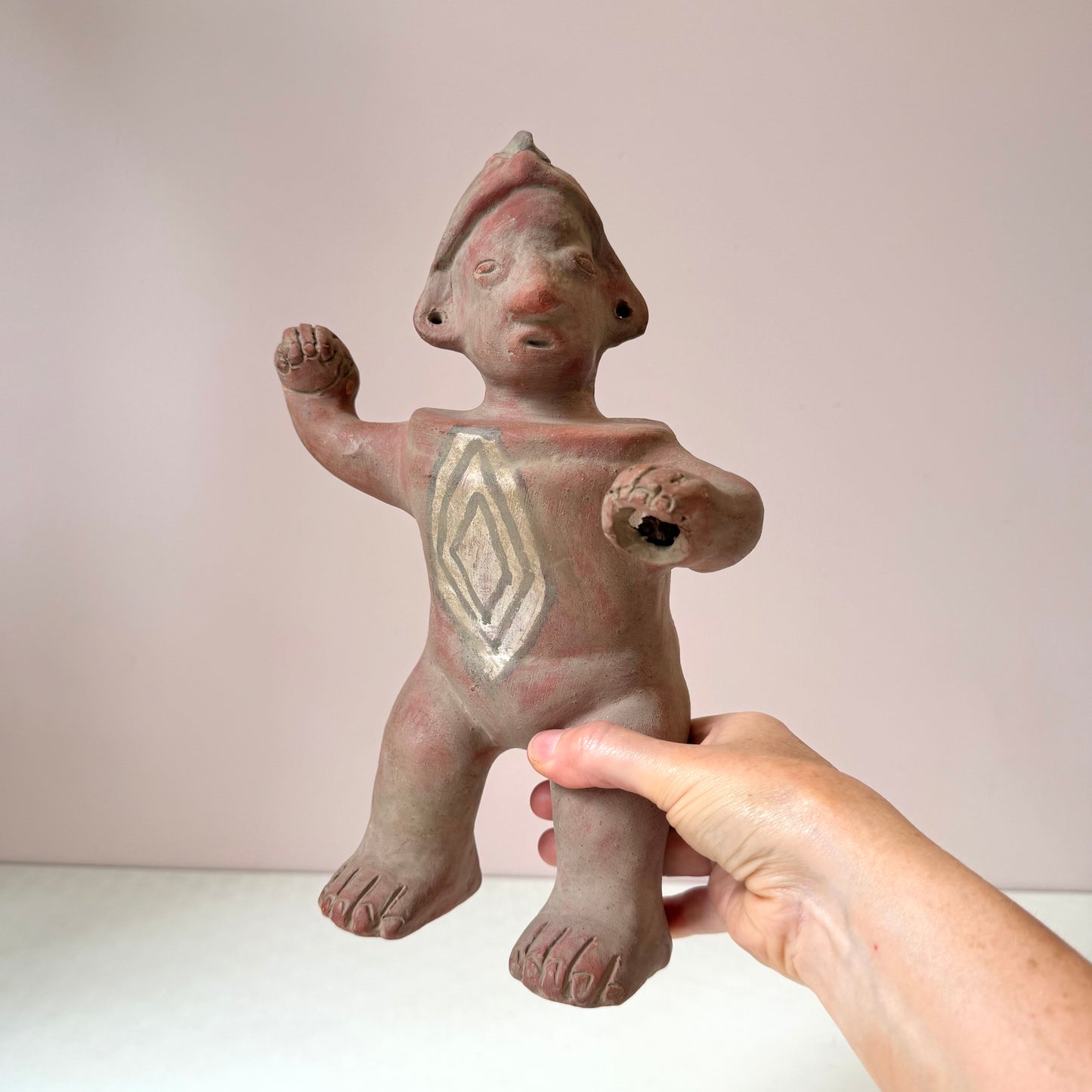Vintage Mid-Century Handcrafted Aztec-Style Clay Warrior Sculpture