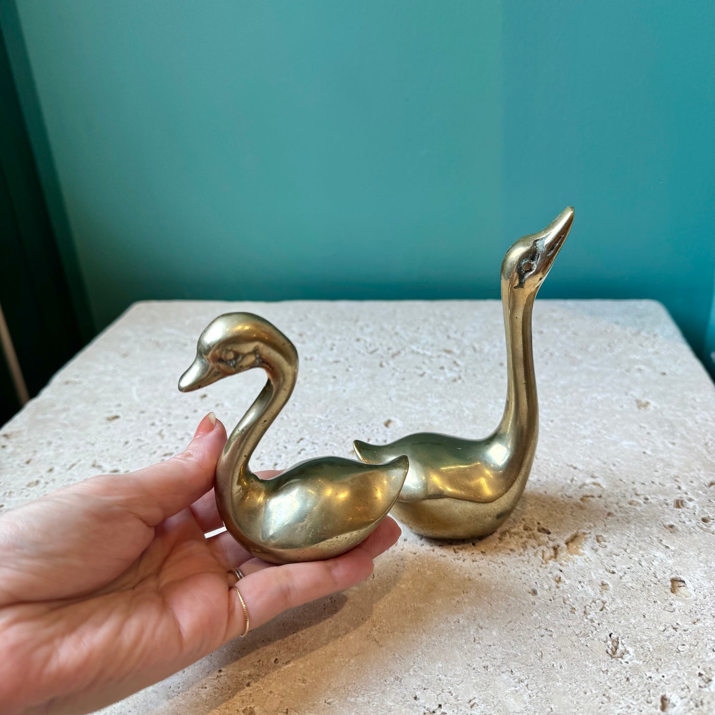 Pair of Small Vintage Brass Swan Figurines