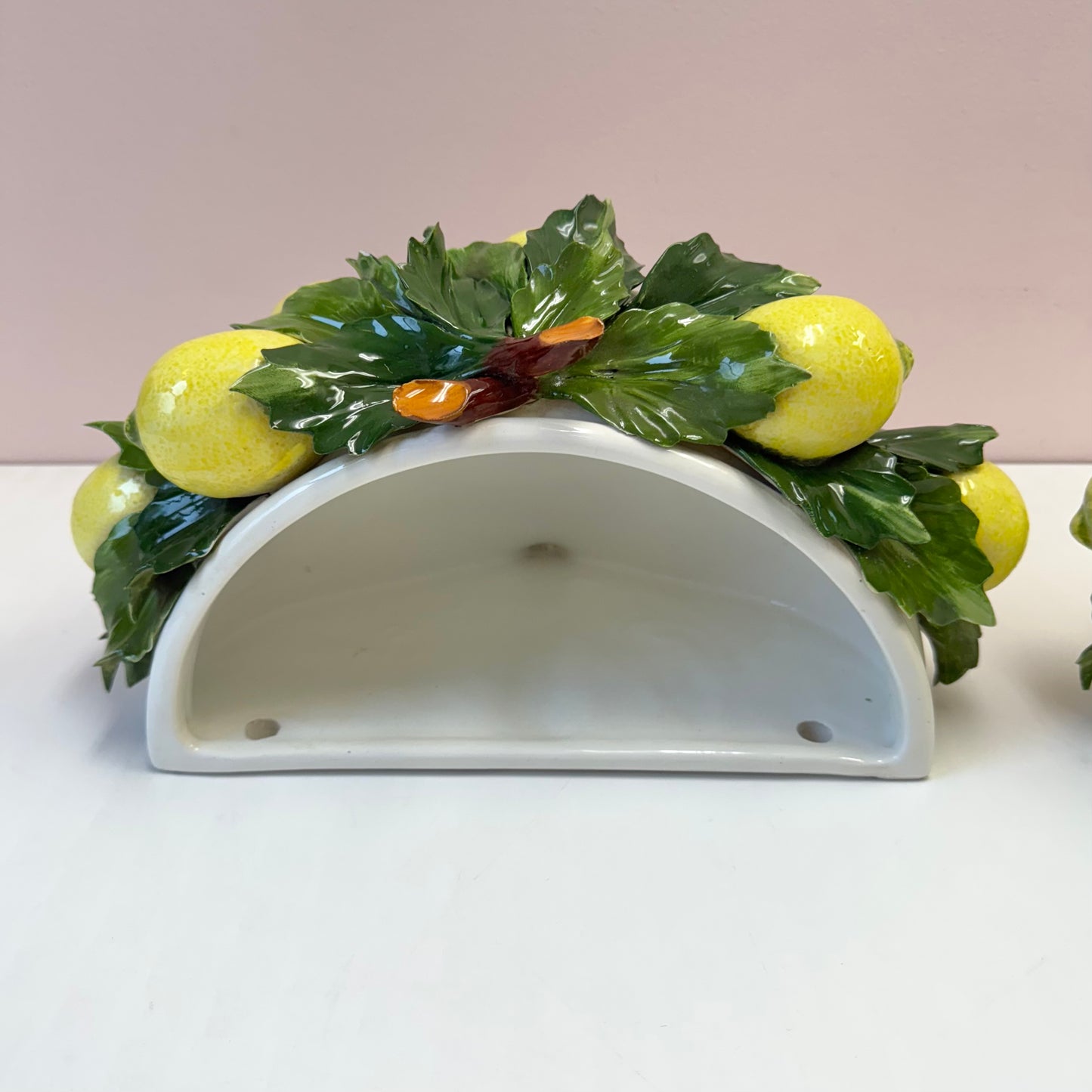 Pair of Vintage Italian Capodimonte Porcelain Lemon Wall Sconce Pockets