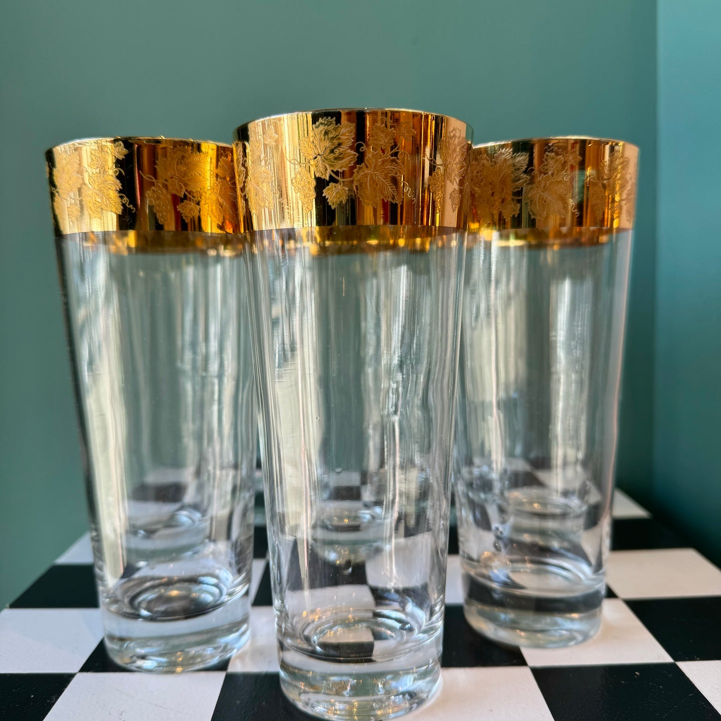 Set of 8 Mid Century Cera Style Gold Grape and Vine Highball Glasses