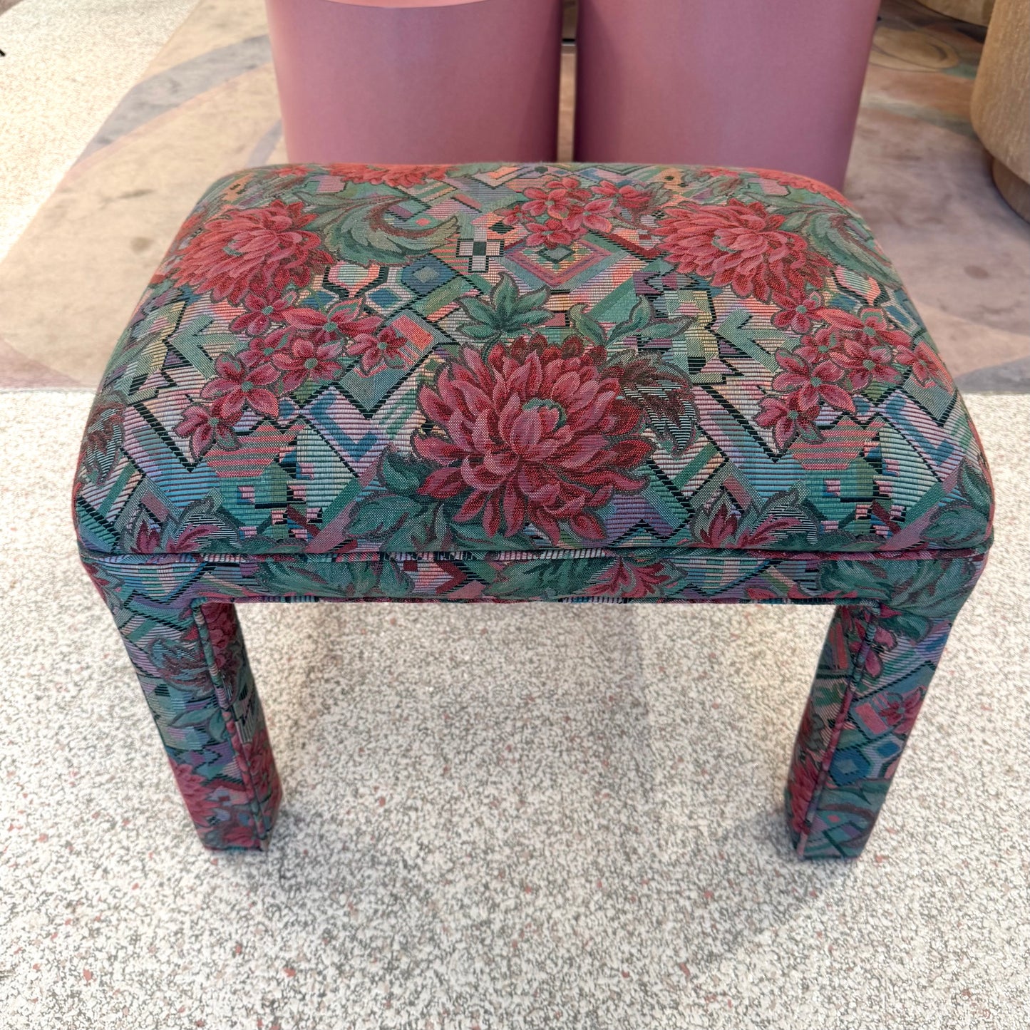 Vintage 1980’s Graphic Floral Upholstered Parson’s Ottoman Bench