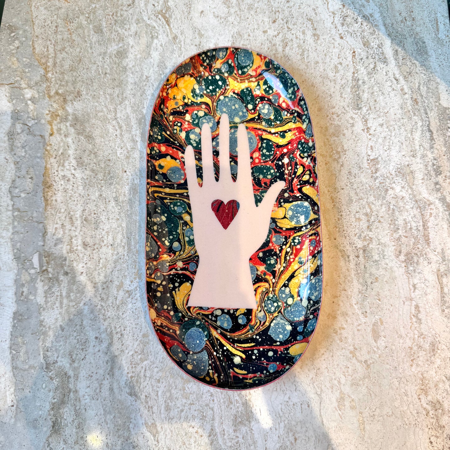 Heart in Hand Oval Enamel Tray by Roomytown London