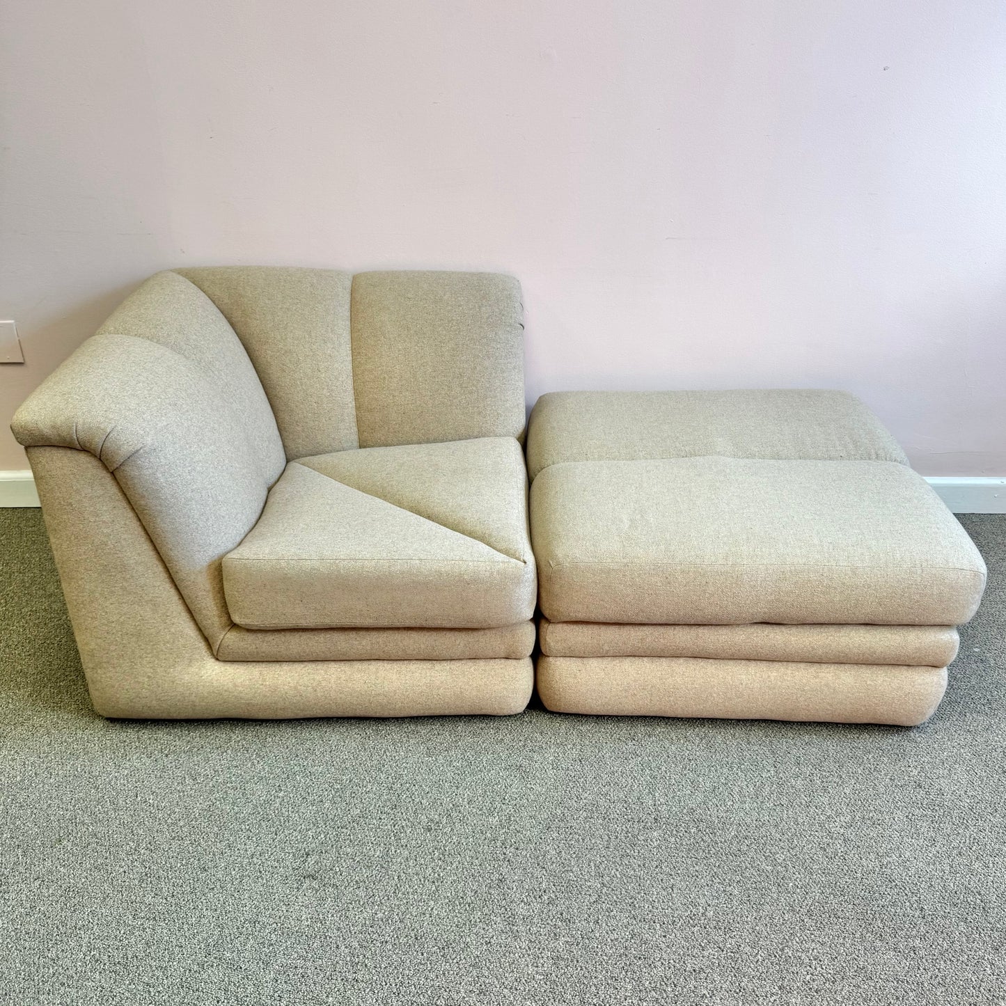 Vintage Soft Beige Tweed Chair & Ottoman