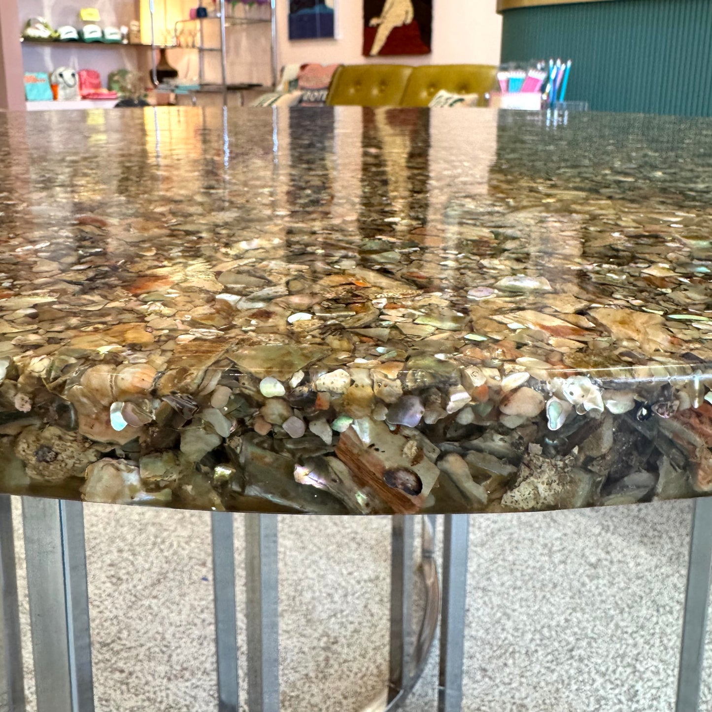Vintage Abalone Shell Resin and Chrome Circular Dining Table