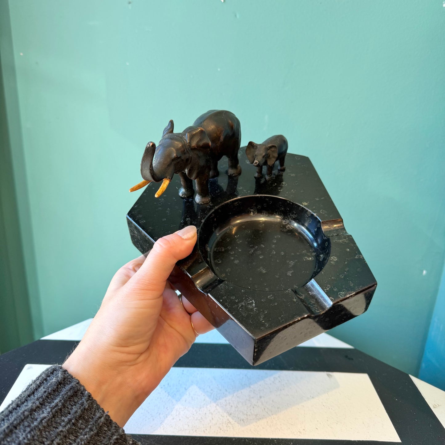 Vintage Black Marble Elephant Ashtray